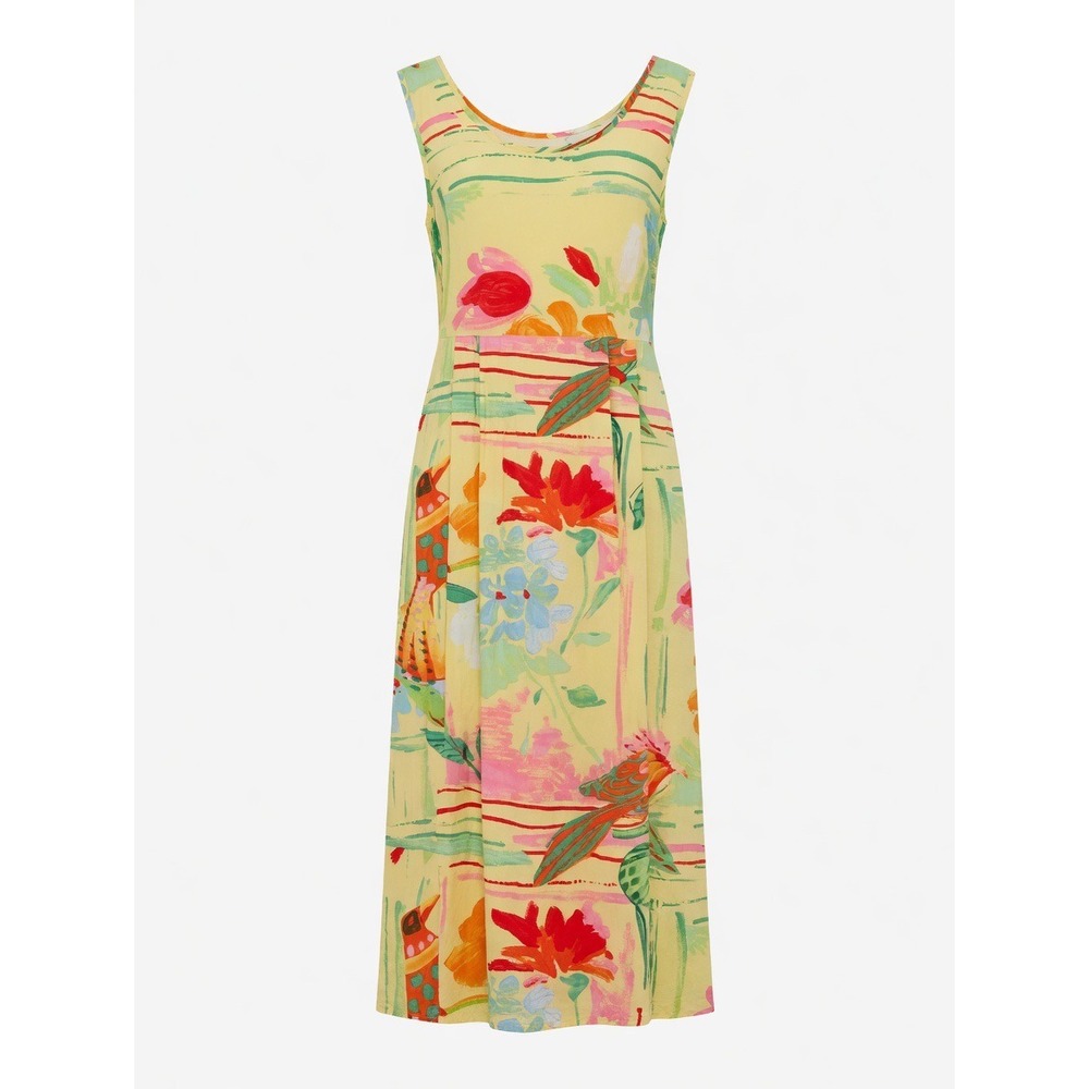 JAMS WORLD Yellow Parrot Bird Floral Tropical Art to Wear Maxi Dress Size S
